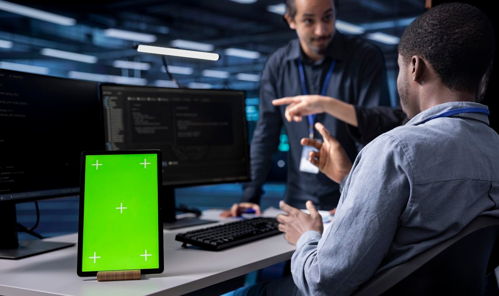 multiethnic team using green screen tablet to oversee servers